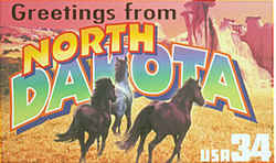 North Dakota Greeting: Two photographs taken in Theodore Roosevelt National Park were the basis for this montage, which comprises three galloping wild horses and badlands hills and rock formations.
