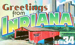 Indiana Greeting: The Hoosier State's own contrast between urban and rural areas is depicted by views of the skyline of the capital, Indianapolis, and of a covered bridge in Parke County in west central Indiana.