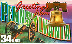 Pennsylvania Greeting: wo reminders of Pennsylvania's major role in American history are the Liberty Bell and a cannon on the Civil War battlefield at Gettysburg, both pictured in this stamp design. On the horizon are the Pocono Mountains, a popular resort area in the state's northeast.
