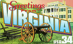 Virginia Greeting: A cannon on display in the state capital, Richmond, is shown in a field with a rail fence of a kind often seen in the Virginia countryside. At the rear is the Oatlands Plantation, a National Trust for Historic Preservation property outside Leesburg, Virginia.